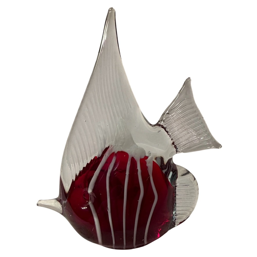 Art Glass Fish Figurine Ruby Red White Stripe Murano Style Paperweight 5.5"